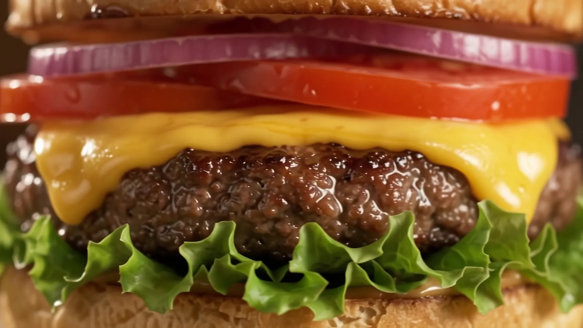 Close do hambúrguer com cheddar derretido, tomate e cebola roxa