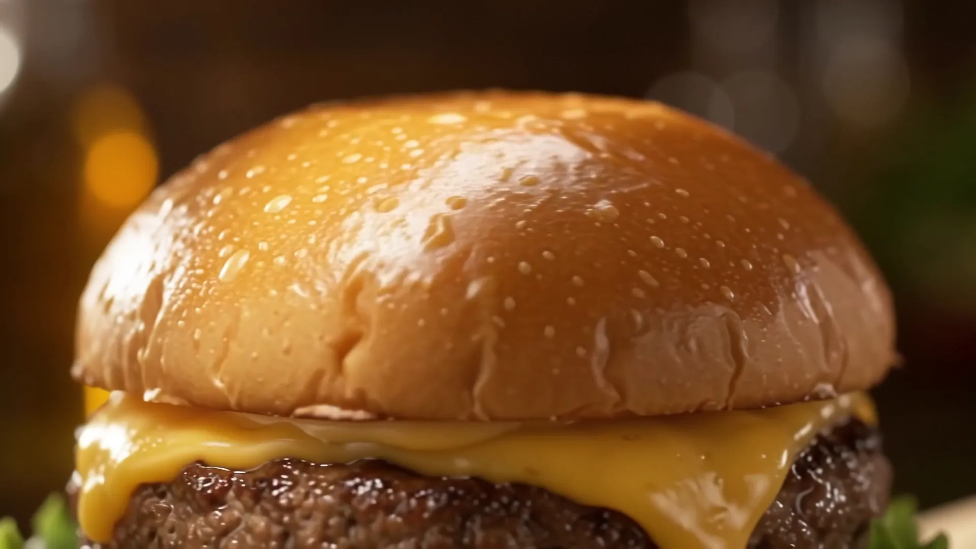 Hambúrguer visto de lado com o pão brioche brilhando